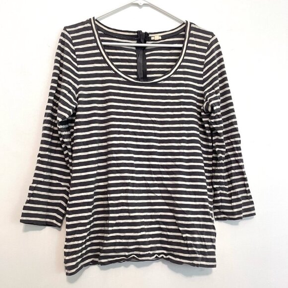 J. CREW Painter Zip Tee Gray Cream Ivory Horizontal Striped 3/4 Sleeve Cotton L - Picture 2 of 16